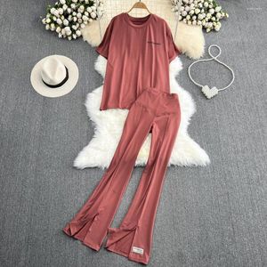 Frauen Zwei Stück Hosen Sommer Mode Set Koreanische Kurzarm Rundhals Lose T-shirt Casual Hohe Taille Schlank Split Breite bein