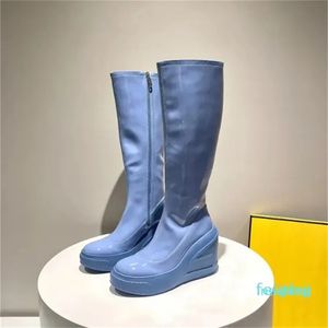 Designer -Fashion Women Muffin Platform boots Patent beef hide rubber High heel 12cm Round toe boots Size