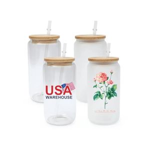 USA CA Warehouse 16oz Sublimation Glass Beer Mugs with Bamboo Lid Straw DIY Blanks Frosted Clear Can Shaped Tumblers Cups Heat Transfer Tail G0418 4.23