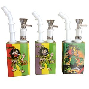 4in Cuboid Glass Bottle Water Pipes Smoking Bongs with Cute Patterns Removable Downstem and Mouthpiece