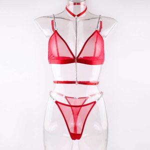 Sexy conjunto sensual lingerie pornô sem censura tule roupa interior com corrente halter ligas transparente nu ver através de trajes de renda 230808