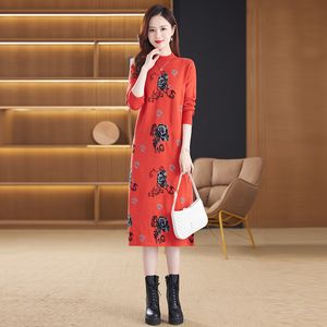 Orange Retro Floral Knitted Dresses Autumn Winter Elegant Soft Warm Lady Midi Frocks 2023 Women Designer Long Sleeve O-Neck Slim Party Knitted Jumper Dress Plus Size