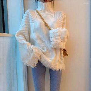 Kadın Sweaters Kore tarzı Gevşek Kalın Yeltinek Külot Moda Dikiş Tassel Örme Kazak Bahar ve Sonbahar Sıcaklık Tatlı Üstler
