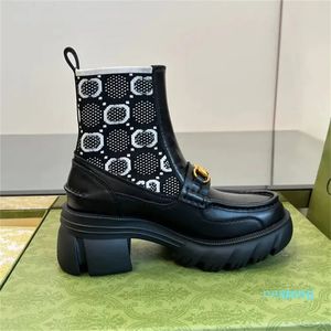 Botas de tornozelo mistas bloco de salto redondo dedo do pé deslizamento em botas de malha estilo meia botas femininas sapatos de plataforma de designer 6cm