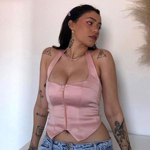 Canottiere da donna Sexy Cute Women Zipper Halter Crop Top Backless Lace-up Bandage Vest Bustier Party Nightclub Pink Satin Cropped Summer