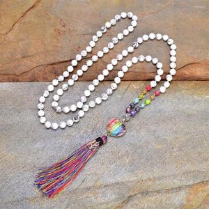 Pendant Necklaces Rainbow Natural Stones Chakra Heart-shaped Om Charm Tassel Necklace Women 108 Mala Rosary Knotted Jewelry301w