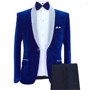 Męskie garnitury setki ślubnych męskich garnituru niestandardowe grafika grafika szal Lapel Groom Tuxedos Velvet Blazer Blue Blue 2 sztuki