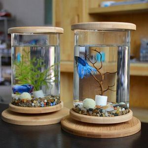 Acuarios 360 grados de vidrio giratorio Betta Fish Tank Base de bambú Mini decoración Rotar Bowl Accesorios de acuario para Office253h