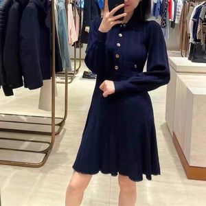 Sandro Women Navy Crew-Neckラインプリーツドレス