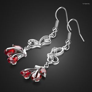 Dingle örhängen kvinnliga modeller 925 sterling silver örhänge charm röd zirkonhänge design solid lady bijoux valentins dag gåva