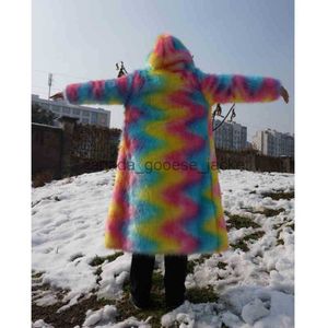 Men's Fur Faux Fur Women Men Long Hoodie Rainbow Faux Fur Coat Winter High Quality Thicking Warm Multicolor Leather Jacket Windbreaker 211213L230914