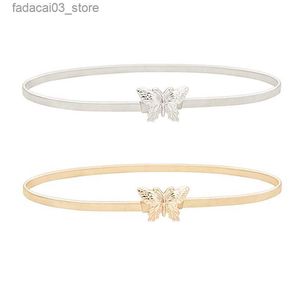 Belts Gold Silver Gold Metal Belts For Women Butterfly Buckle Waist Belt Lady Dress Skirt Elastic Thin Slim Waistband Q230914