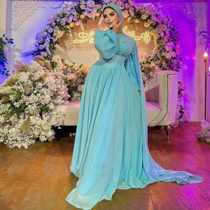 Céu azul muçulmano vestidos de noite mangas puff miçangas chiffon vestido formal plissado chiffon kaftan vestido de ocasião especial