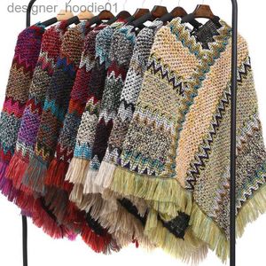 Women's Cape Women's Bohemian Casual Shawl Fringe Pullover Poncho Knit Zig-Zag Loose Vintage Patterned Cape L230914