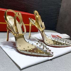 Gold riveted transparent leather lace-up high heels stiletto womens shoes Sexy wedding party shoes Luxury designer new comfortable womens shoes Sizes 35-42 +box