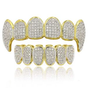 Hip Hop Takı Erkekleri Izgara 18k Altın Kaplama Tüm Buzlu Dış Diamond Grillz Dişler Bling Parlak Rock Punk Rapçi Damlası Desen