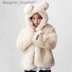 Women's Fur Faux Fur Selling Creative Fur Women's Coat Hooded Bear With Ears Cute Girl Little Fresh Imitation Rabbit Fur Coat 211213 L230914