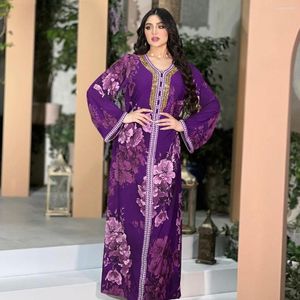 Ethnic Clothing Printed Floral Luxury Abaya For Muslim Women Long Sleeve Dress With Diamonds Loose Robe Evening Party Ramadan Kaftan