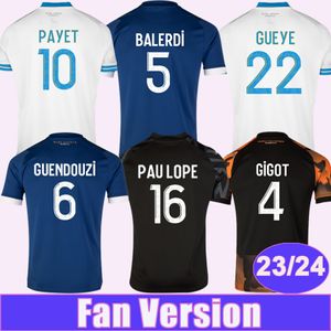2023 24 Guendouzi Payet Mens Futebol Jerseys Vitinha Balerdi Gigot MBemba Toure Gueye Dieng Pau Lopez Home Away 3º Goleiro Camisas de Futebol