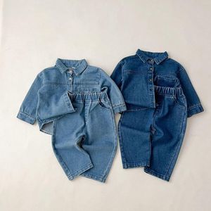 Clothing Sets Autumn Children Outfits Boy Girl Baby Retro Denim Shirt Suit Kid Solid Casual Coat Cotton Loose Tops Jeans 2pcs