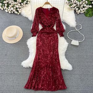 Casual Dresses Evening Maxi For Women Bright Silk Lantern Sleeve Female Mermaid V-neck A-line Ladies Long Vestidos Drop