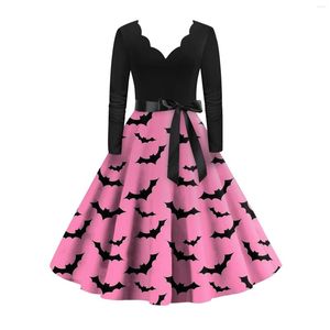 Vestidos casuais feminino vintage vestido clássico manga longa halloween preto grande balanço robe femme gótico morcego impressão feriados