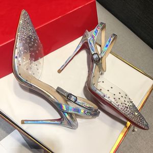 Full Star rhinestone stiletto heels Silver leather pointed transparent sexy lace-up wedding shoes Luxury designer new party shoes for women Sizes 35-42 +box