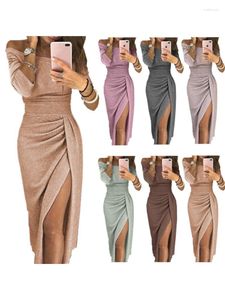 Casual Dresses Elegant Solid Long Dress Women High Waist Split Off Shoulder Shiny Evening Party Sexy Club Vestidos Autumn Winteer Clothing