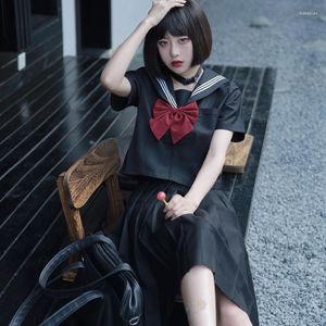 Work Dresses Japanese Style Preppy Student School Uniforms Girl Navy Costume Women Sexy Black JK Suit Sailor Blouse Pleated Skirt Set