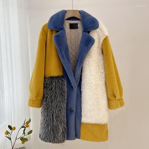 Pele feminina grosso quente inverno casaco falso feminino peludo emenda contraste cor azul amarelo fofo longo jaqueta elegante