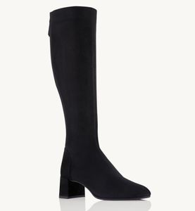 럭셔리 겨울 Aquazzura Saint Honer Knee-High Boot Block Heel Black Brown 지퍼 라운드 발가락 Brial Wedding Lady Booties EU35-43 상자와 함께