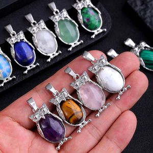 Natural Stone Owl Pendant Amethyst Opal Rose Quartz Crystal Pendant Animal Charms for Jewelry Making Necklaces
