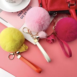 Keychains Fluffy Multicolor Pompom Faux Fur Ball Leather Flower Key Rings For Women Bag Charm Trinket Jewelry Wholesale