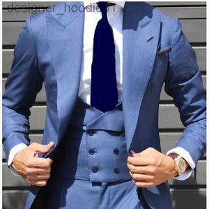 Męskie garnitury Blazery Popularne projektowanie Tuxedos One Button Blue Peak Lapel Groomsmen Najlepszy garnitur męski garnitury męskie (kurtka+spodnie+kamizelka+krawat) J500 L230914