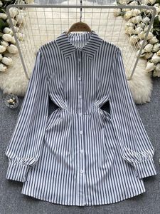 Casual Dresses Women Spring Autumn Dress Korean Version Striped Shirt Polo Neck Long Sleeve Luxury Style For Celebrities D4461