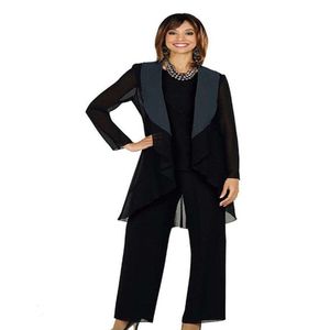 Cheap Mother of the Bride Pants Suit with Jacket 2020 Fall Long Sleeve Three Pieces Ankle Length Black Chiffon Wedding Guest Party1697