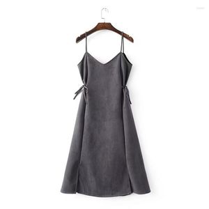 Casual Dresses Autumn Winter Women Faux Suede Female Spaghetti Strap Dress Vintage Western Style Lace Up Lady Long Vestidos WZ054