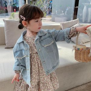 Jaquetas meninas jean casaco floral vestido 2023 primavera moda bonito crianças pérola denim jaqueta solta kawaii crianças princesa