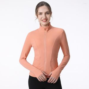 Camisas ativas lu logotipo com jaqueta esportiva feminina zíper completo yoga casaco buracos de polegar fino manga longa colheita superior ginásio fitness