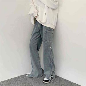 İş giysisi erkekler yardımcısı jean y2k stil unisex gevşek yan düğmeler bölünmüş çiftler denim geniş bacak pantolonları vaqueros t220726295j
