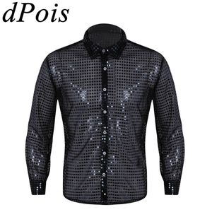 Men's Casual Shirts Hommes Men See Through Sequins Latin Dance Shirt Long Sleeve Ballroom Tango Rumba Top Mens Tops Performance Costume 230912