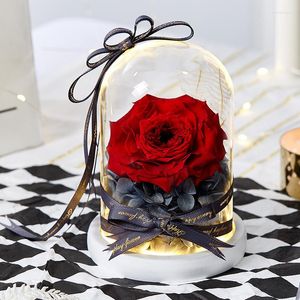 Decorative Flowers Preserved Rose In Glass Dome Artificial Eternal Flower With LED Light Valentine's Day Christmas Women Gift DIY Engraved