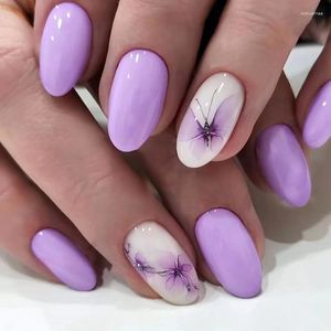 Pregos Falsos 24 pcs Curto Redondo Roxo Imprensa Falsa em Dicas de Unhas Ovais Cobertura Completa para Menina com Desenhos de Borboleta Acrílico