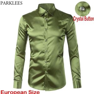 Green Silk Satin Dress Shirt Men Luxury Brand Casual Dance Party Long Sleeve Chemise Smooth Wrinkle Tuxedo Shirts 220512330b