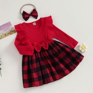 女の子のドレスクリスマスキッズベビーガールドレス格子縞の弓フリル幼児用の長袖の服ドレスヘッドバンド付き秋のファッションプリンセスドレス230914