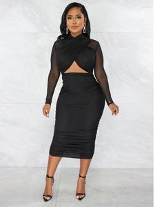 Casual Dresses Vintage Sheer Mesh See Through Ruched For Woman Cross Halsring Långärmad Bodycon Dress Classic midjeband Cut Out Robe