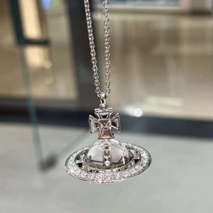 Empress Dowager Vivian's 3D Saturn Full Diamond Necklace for Women's Light Luxury Fashion Transparent Glass Ball Pendant