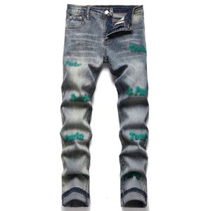 2024 Heren Designer Paarse Jeans Zomer Mode Stretch Joggingbroek Luxe Skinny Paarse Broek Casual Sterren Patroon High Street Hole Star0XYF