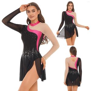 Stage Wear Donna Ballerina Performance Dancewear Ginnastica Pattinaggio di figura Body da balletto Costume Abito lirico con strass scintillanti