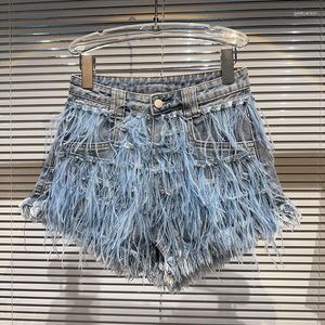 Jeans femininos 2023 coleção de verão penas strass bordado beadings azul denim shorts feminino curto
